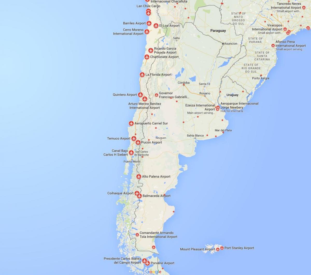 карта на летищата в Чили